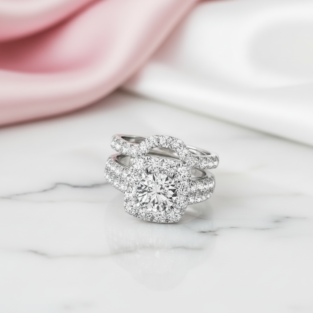 Round Cut Diamond Option Halo White Gold Engagement Ring Set-Black Diamonds New York