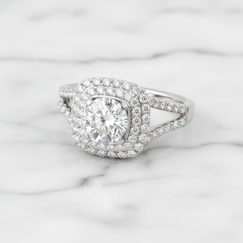Round Cut Diamond Option Halo White Gold Ring Set-Black Diamonds New York