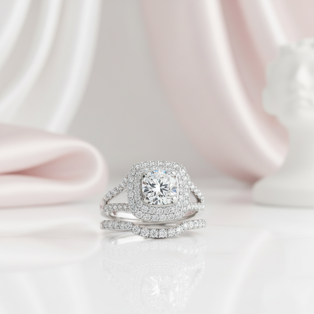 Round Cut Diamond Option Halo White Gold Ring Set-Black Diamonds New York
