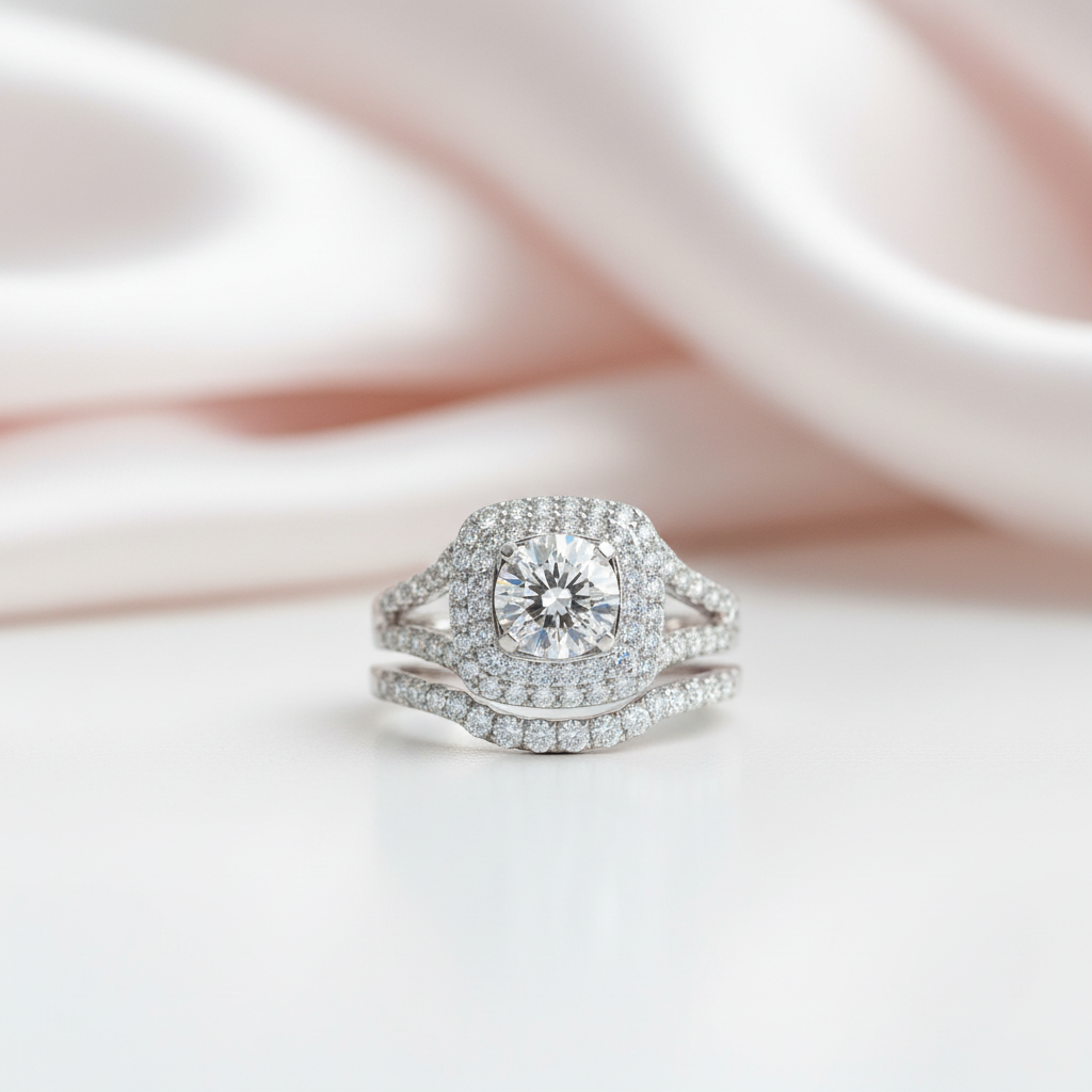 Round Cut Diamond Option Halo White Gold Ring Set-Black Diamonds New York