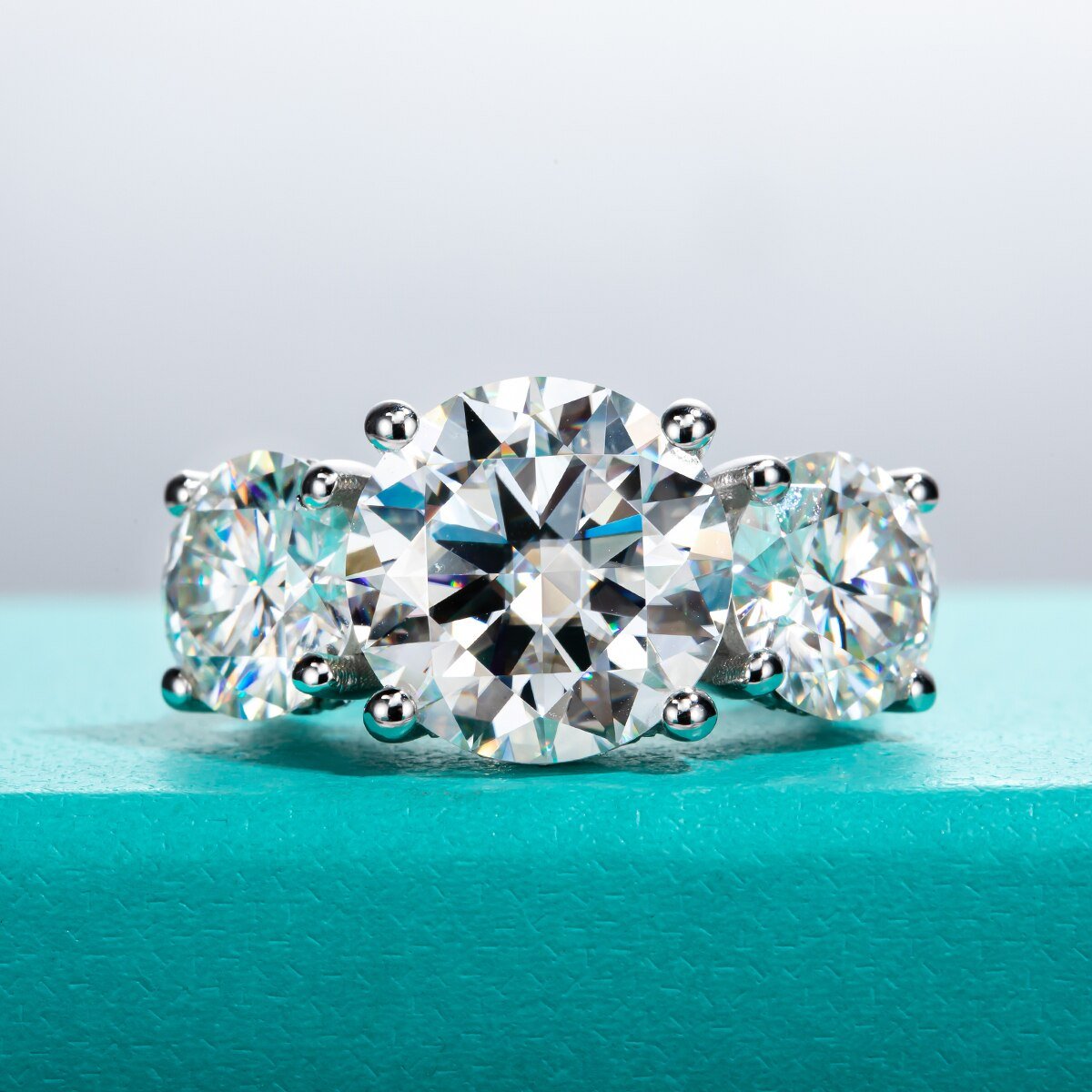 Flash Sale - Round Cut Moissanite Three Stone White Gold Engagement Ring-Black Diamonds New York