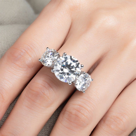 Round Cut Moissanite Three Stone White Gold Engagement Ring - Black Diamonds New York