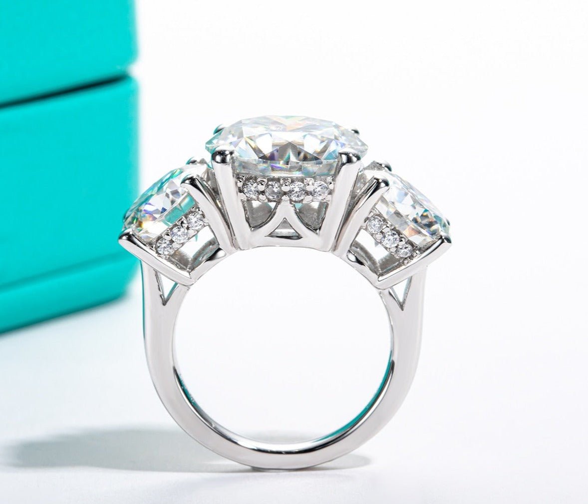 Flash Sale - Round Cut Moissanite Three Stone White Gold Engagement Ring-Black Diamonds New York