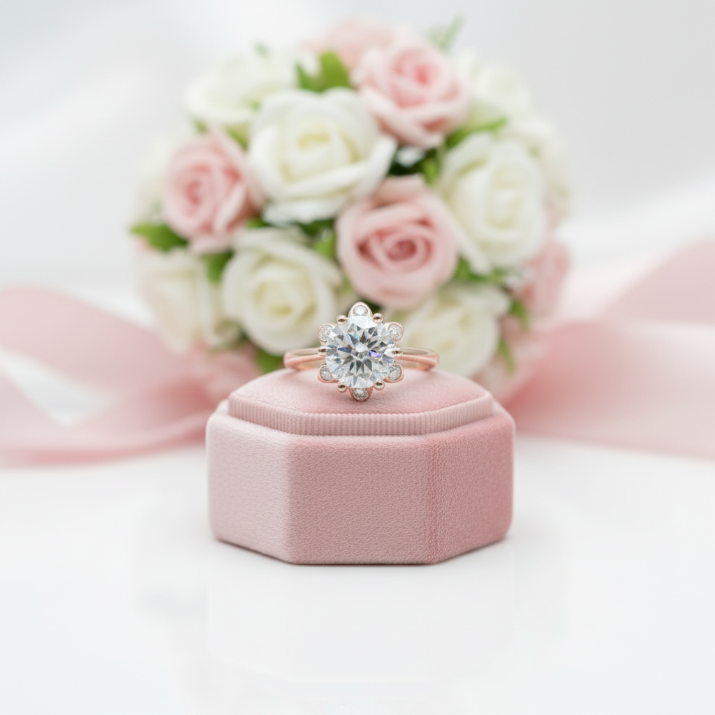 Round Cut Diamond Option Unique Flower Engagement Ring-Black Diamonds New York