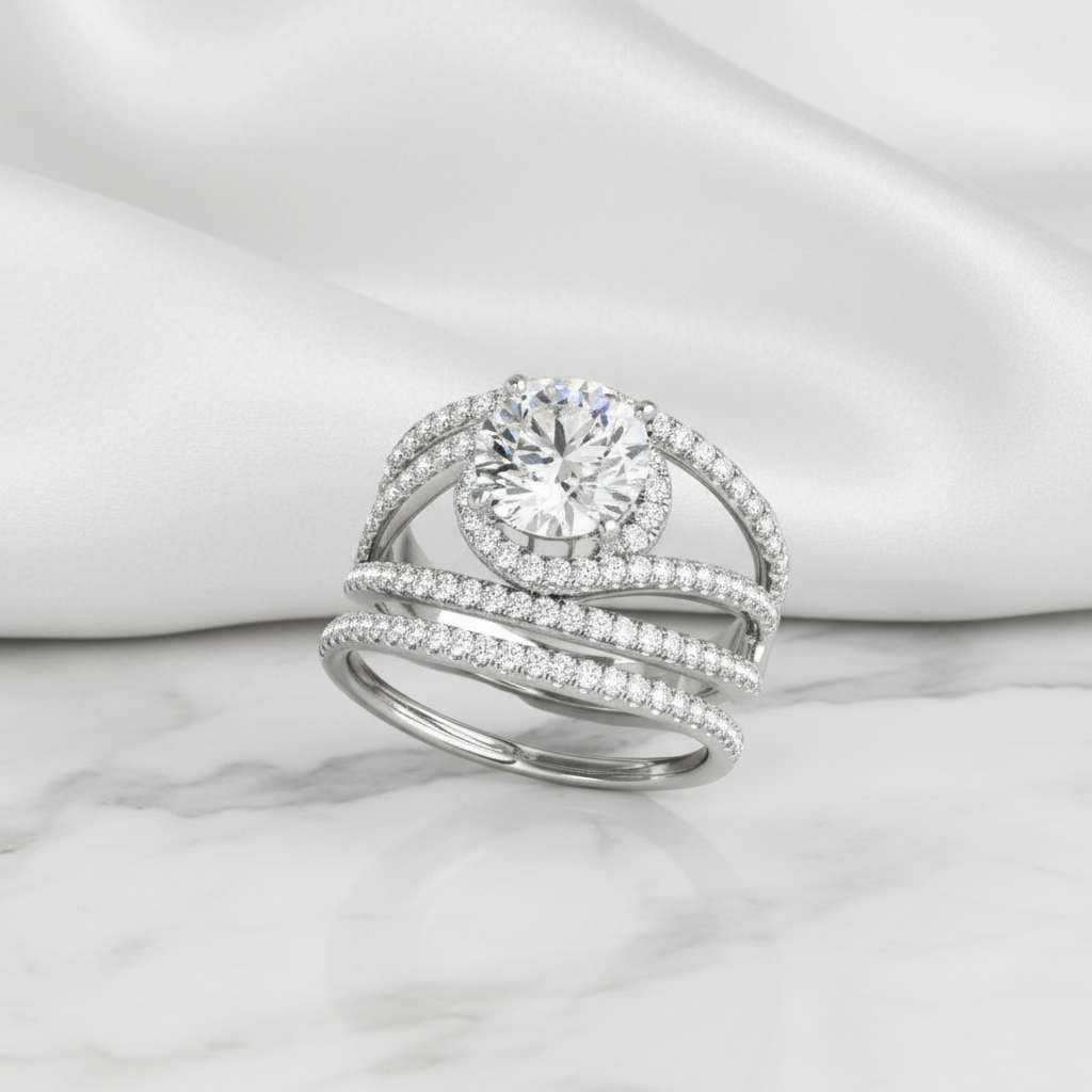 Round Cut Diamond Option White Gold Split Band Ring Set-Black Diamonds New York