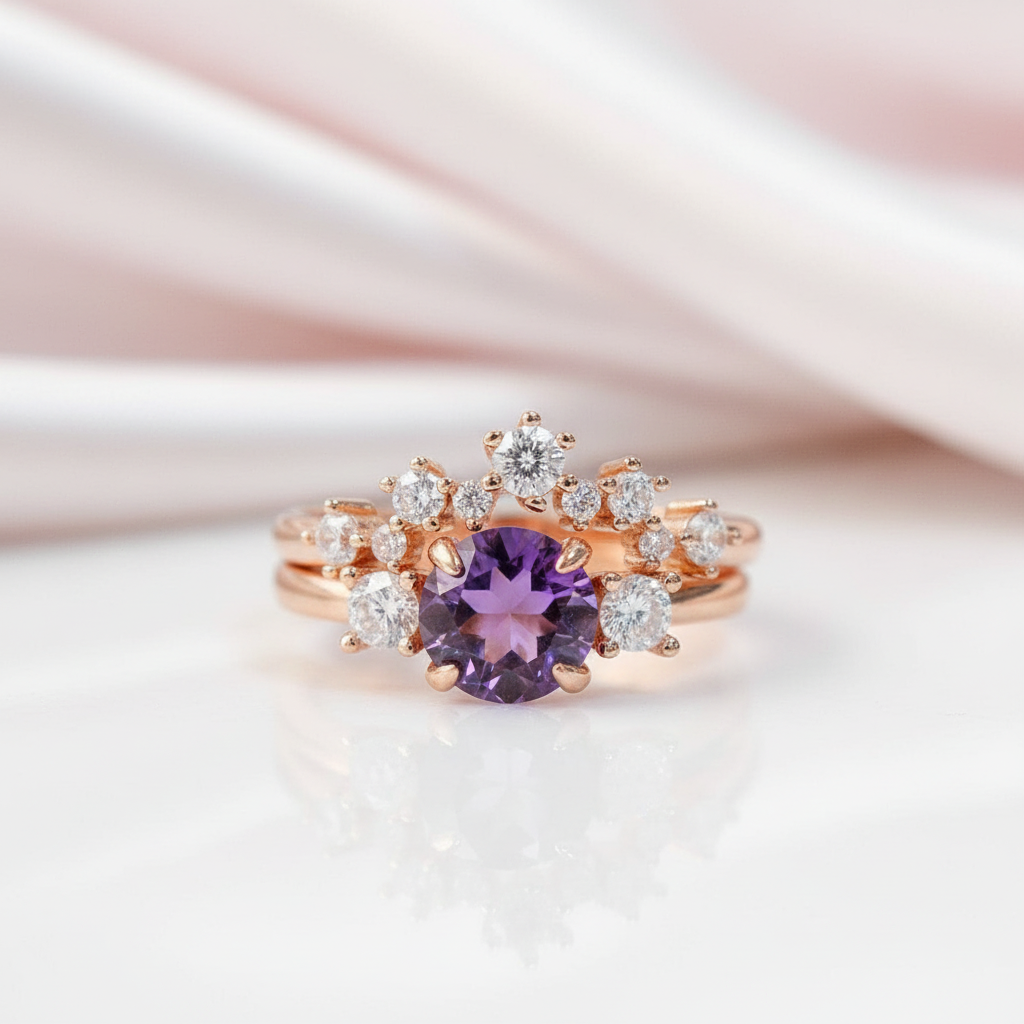 Round Cut Purple Amethyst Crown Engagement Ring Set-Black Diamonds New York