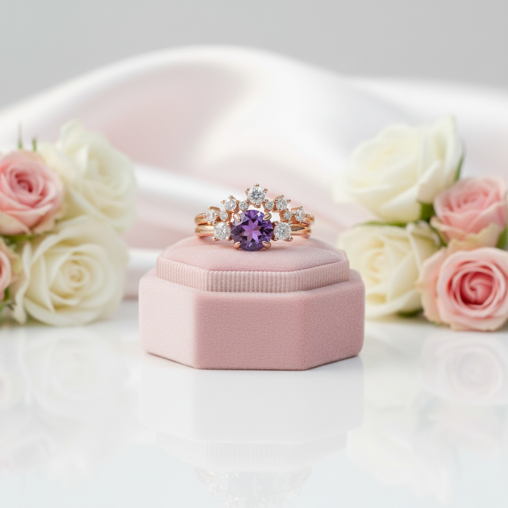 Round Cut Purple Amethyst Crown Engagement Ring Set-Black Diamonds New York