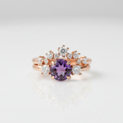 Round Cut Purple Amethyst Crown Engagement Ring Set-Black Diamonds New York