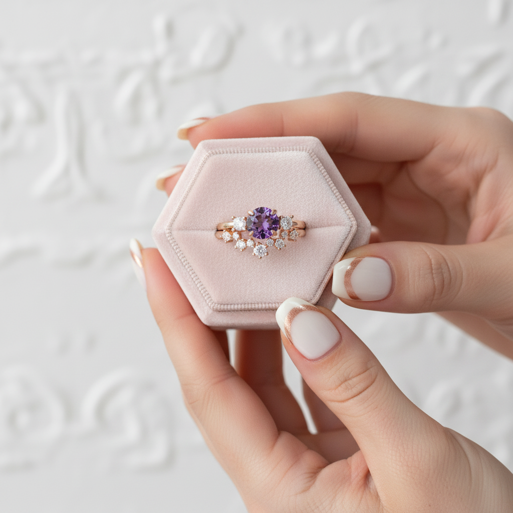 Round Cut Purple Amethyst Crown Engagement Ring Set-Black Diamonds New York