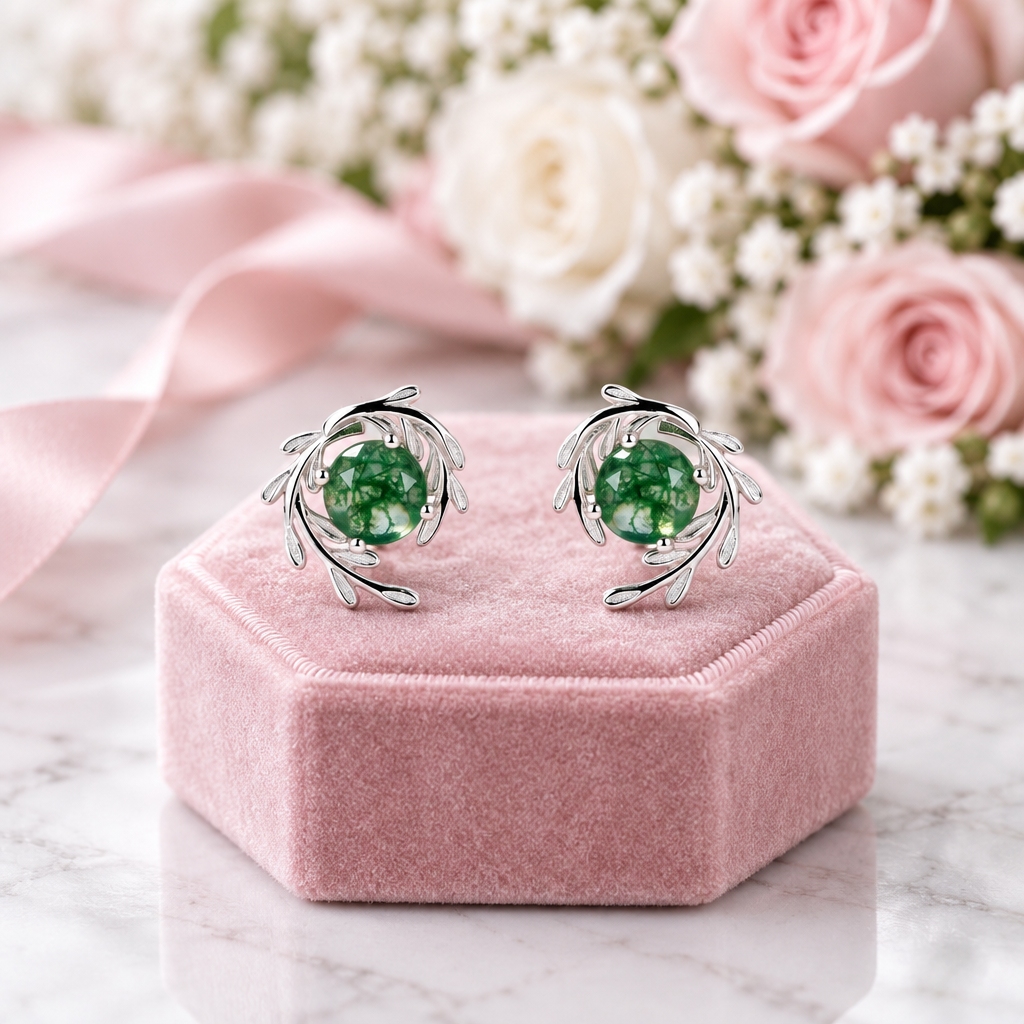 Round cut Natural Green Moss Agate Plant Inspired Anniversary Earrings