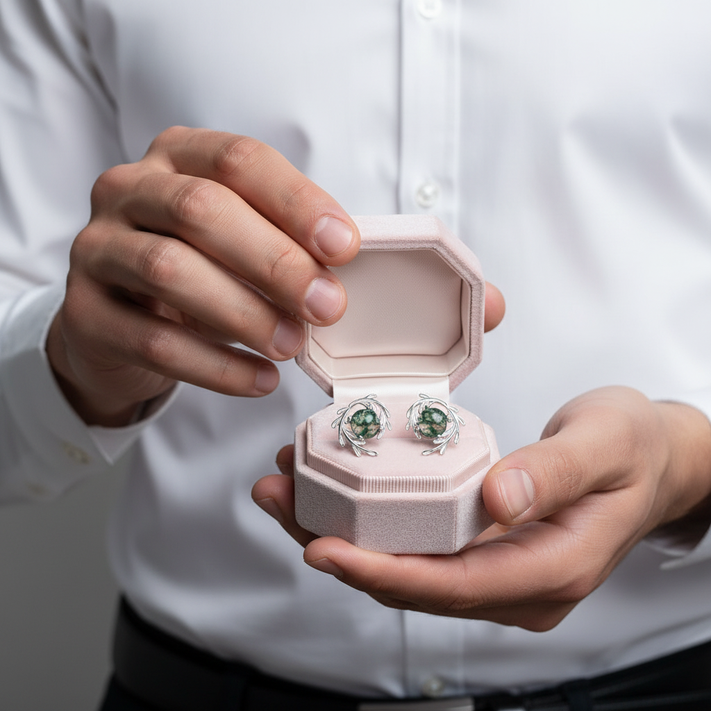 Round cut Natural Green Moss Agate Plant Inspired Anniversary Earrings-Black Diamonds New York