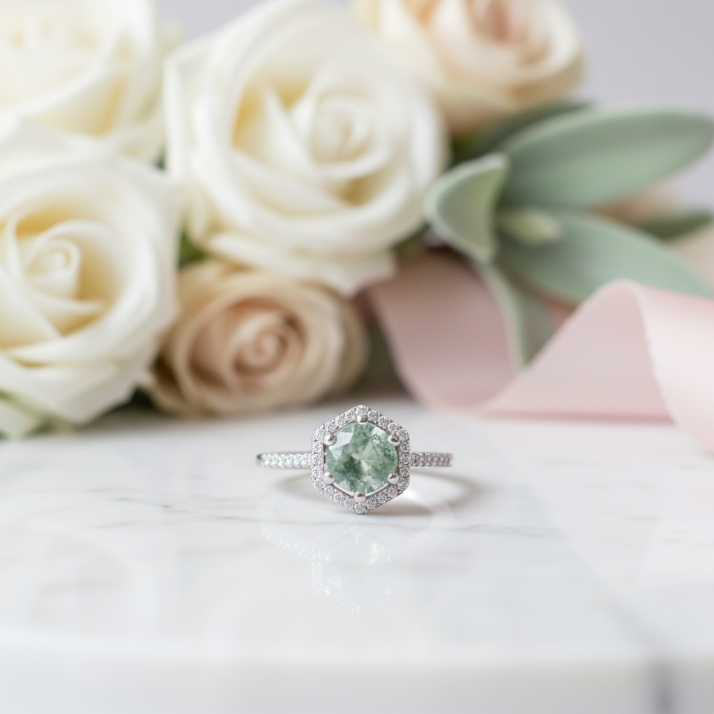 Round Cut Natural Moss Agate Hexagon Halo Engagement Ring-Black Diamonds New York