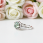 Round Cut Natural Moss Agate Hexagon Halo Engagement Ring-Black Diamonds New York