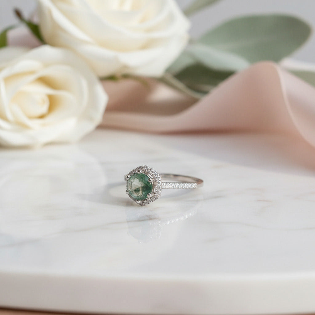 Round Cut Natural Moss Agate Hexagon Halo Engagement Ring-Black Diamonds New York
