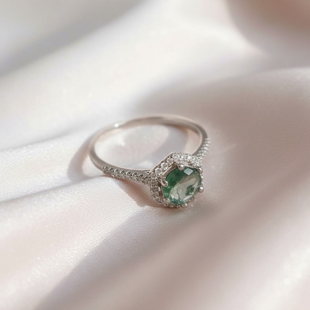 Round Cut Natural Moss Agate Hexagon Halo Engagement Ring-Black Diamonds New York