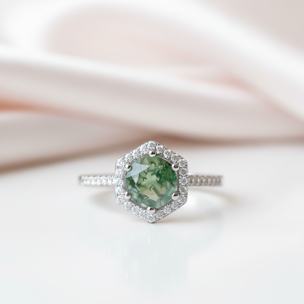 Round Cut Natural Moss Agate Hexagon Halo Engagement Ring-Black Diamonds New York