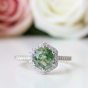 Round Cut Natural Moss Agate Hexagon Halo Engagement Ring-Black Diamonds New York