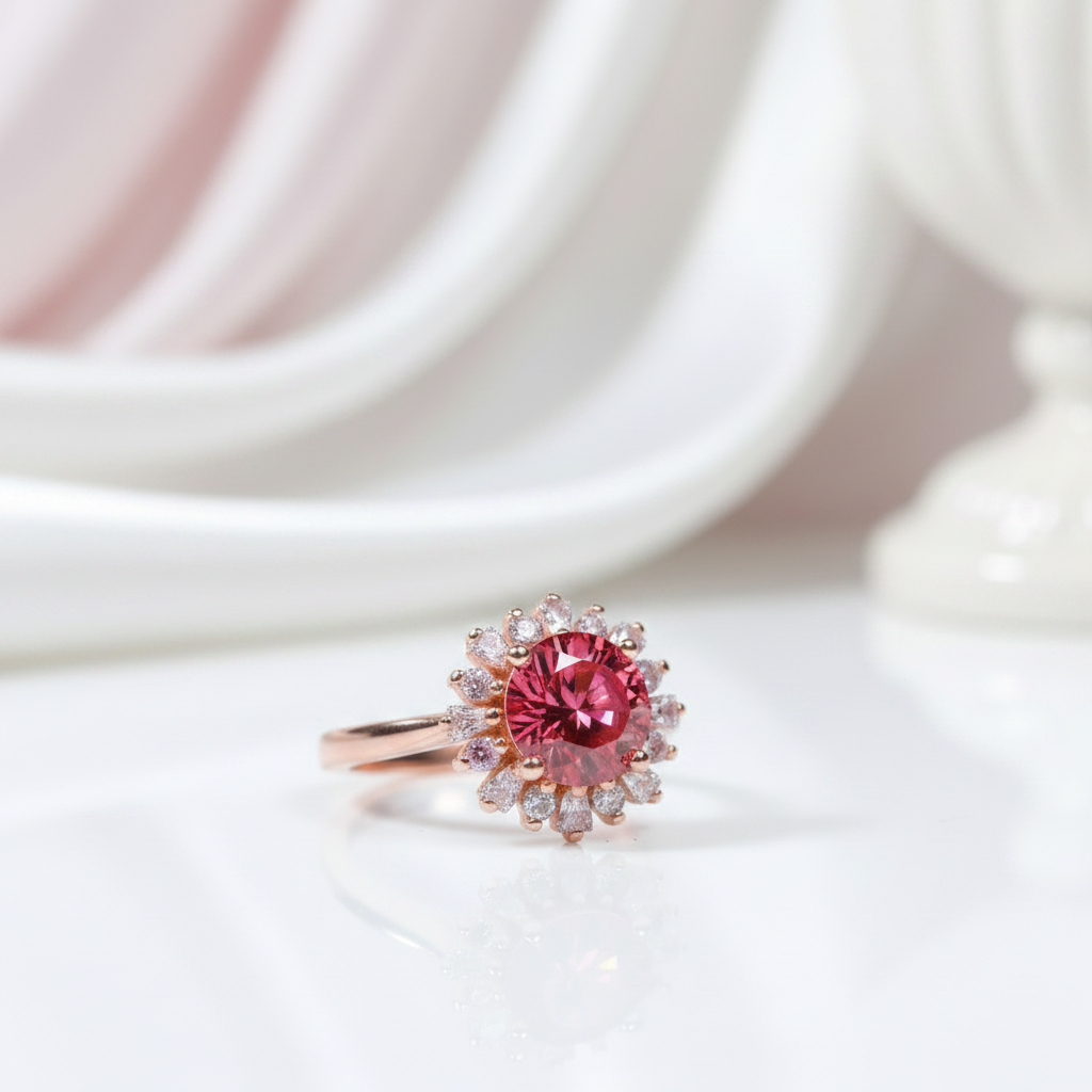 Round Cut Red Diamond Option Flower Halo Engagement Ring-Black Diamonds New York