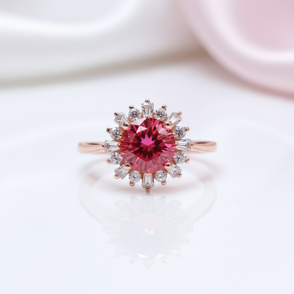 Round Cut Red Diamond Option Flower Halo Engagement Ring-Black Diamonds New York