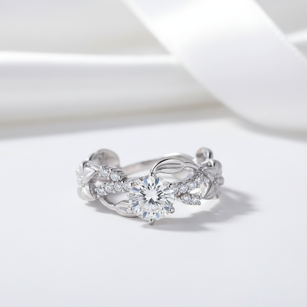 Round Cut Diamond Option Flower Decorative Engagement Ring-Black Diamonds New York