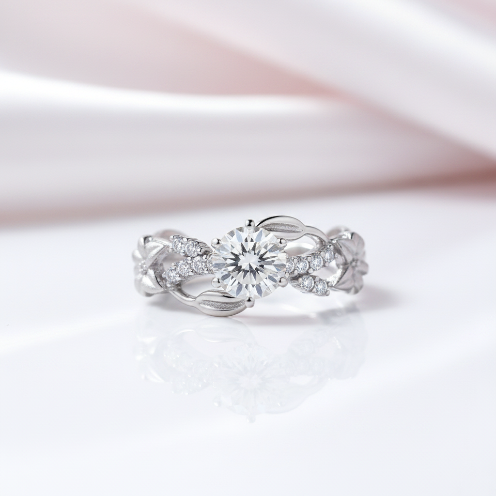 Round Cut Diamond Option Flower Decorative Engagement Ring-Black Diamonds New York