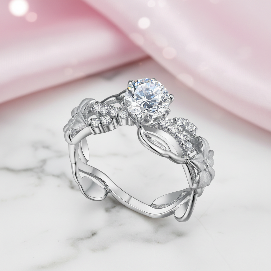 Round Cut Diamond Option Flower Decorative Engagement Ring-Black Diamonds New York