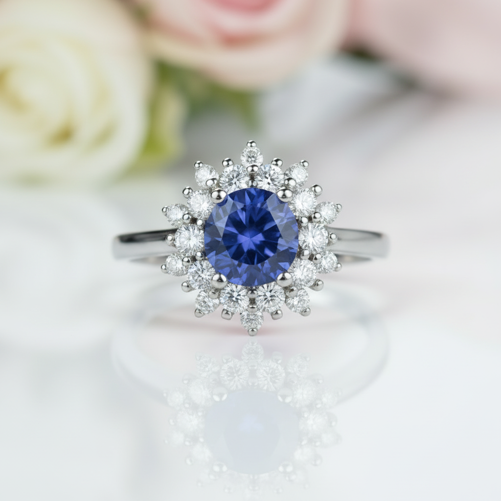 Round Cut Tanzanite 4 Prong Engagement Ring-Black Diamonds New York