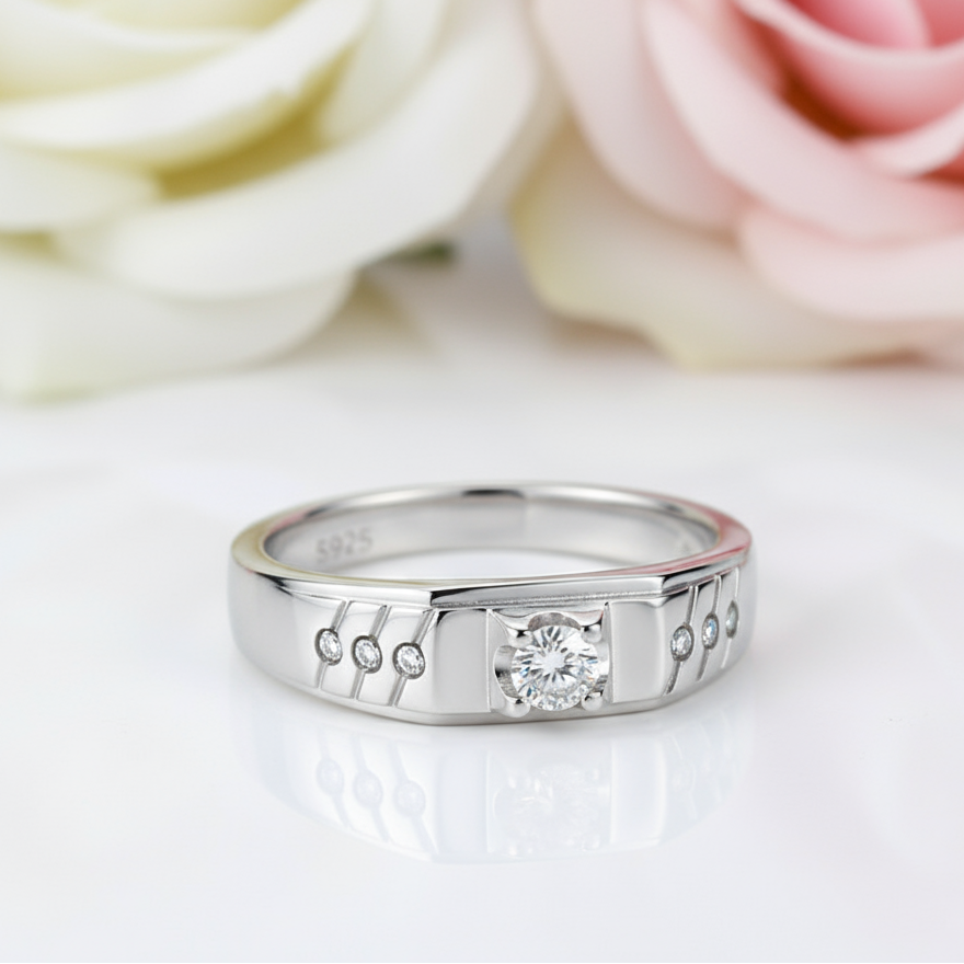 Round Cut White Sapphire Men's Wedding Ring-Black Diamonds New York