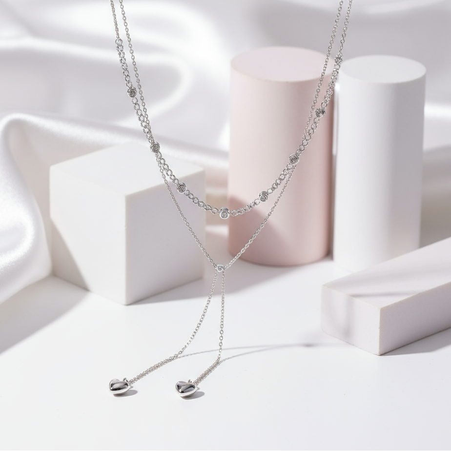 Round Diamond Double Layered Necklace with Heart Pendant-Black Diamonds New York