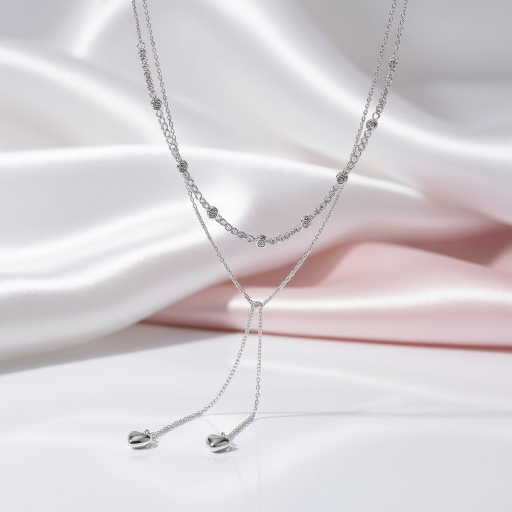 Round Diamond Double Layered Necklace with Heart Pendant-Black Diamonds New York