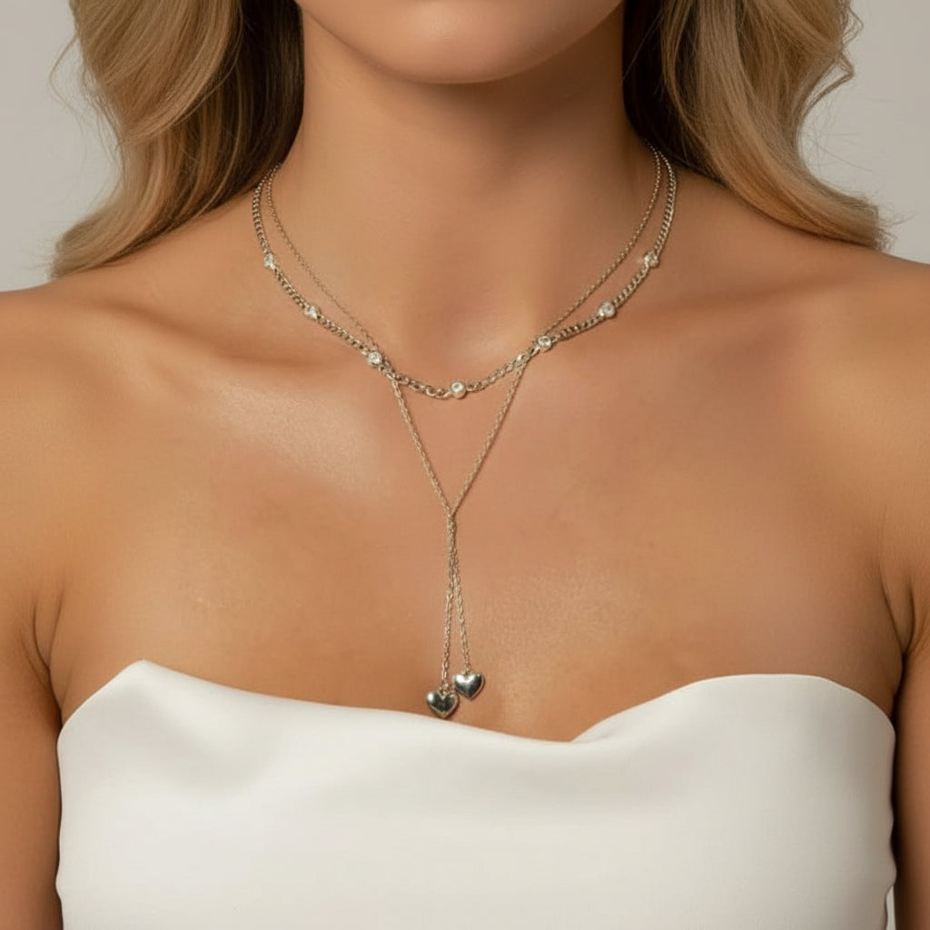 Round Diamond Option Double Layered Necklace with Heart Pendant-Black Diamonds New York