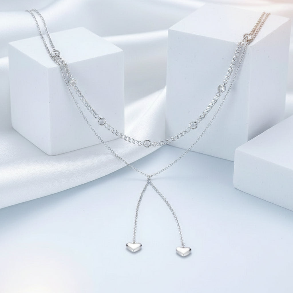 Round Diamond Double Layered Necklace with Heart Pendant-Black Diamonds New York