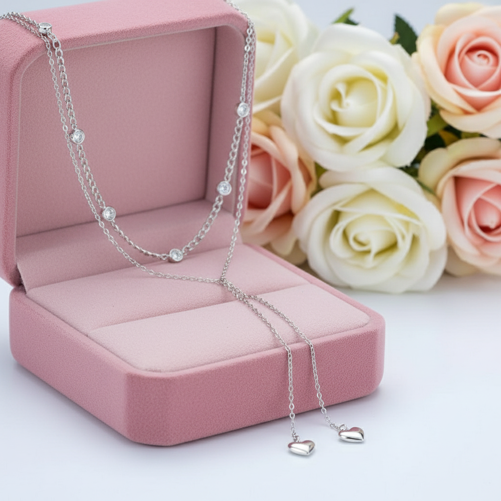 Round Diamond Option Double Layered Necklace with Heart Pendant-Black Diamonds New York