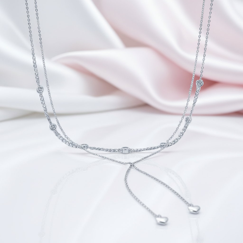 Round Diamond Option Double Layered Necklace with Heart Pendant-Black Diamonds New York