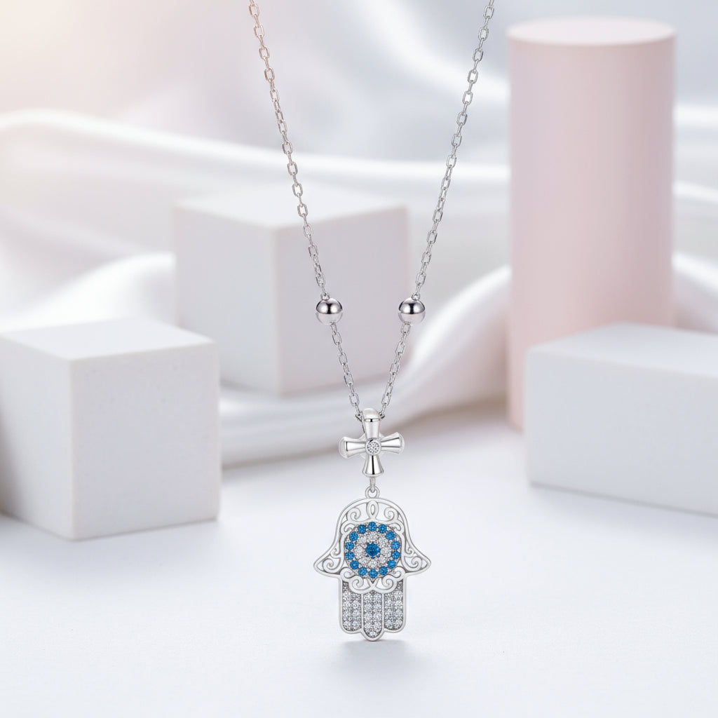 Round Diamond Hamsa Pendant Necklace with Cross-Black Diamonds New York
