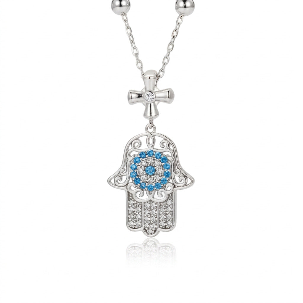 Round Diamond Option Hamsa Pendant Necklace with Cross-Black Diamonds New York