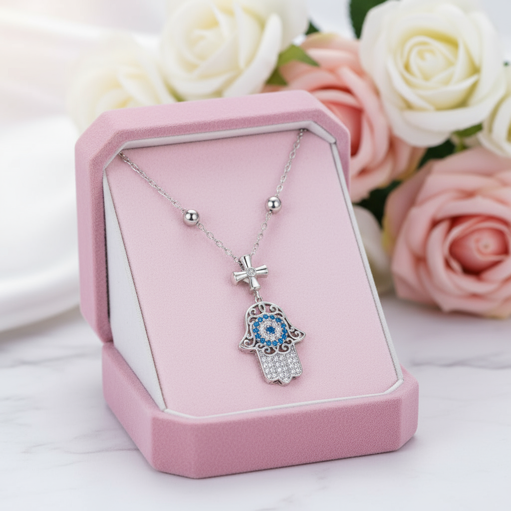 Round Diamond Hamsa Pendant Necklace with Cross-Black Diamonds New York