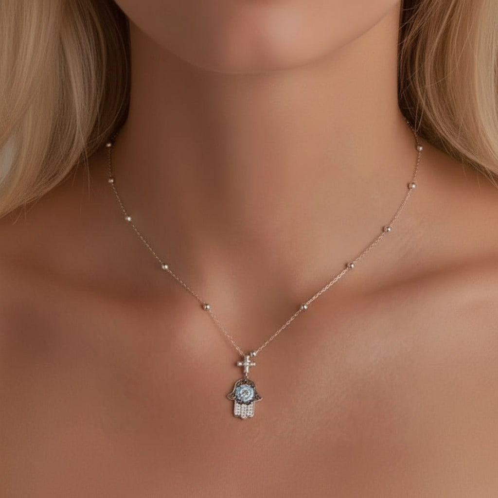 Round Diamond Option Hamsa Pendant Necklace with Cross-Black Diamonds New York