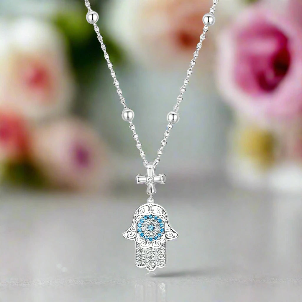 Round Diamond Hamsa Pendant Necklace with Cross-Black Diamonds New York