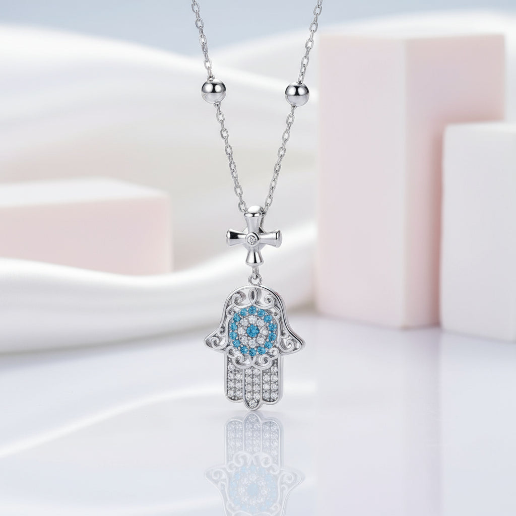 Round Diamond Hamsa Pendant Necklace with Cross-Black Diamonds New York