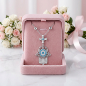 Round Diamond Option Hamsa Pendant Necklace with Cross-Black Diamonds New York