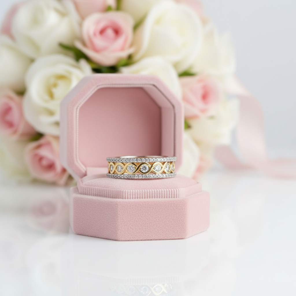 Round Diamond Option Two-Tone Infinity Ring-Black Diamonds New York