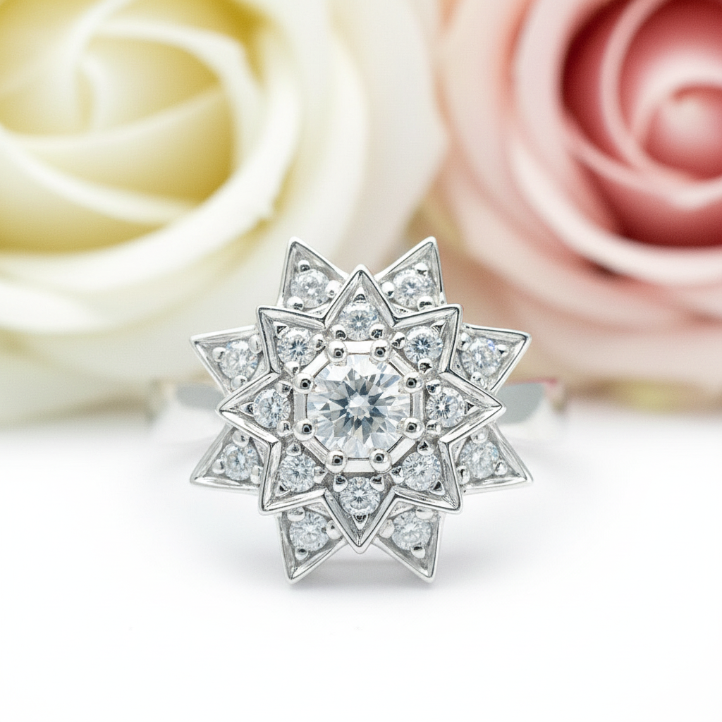 Round Diamond Vintage Sunflower Design Engagement Ring-Black Diamonds New York