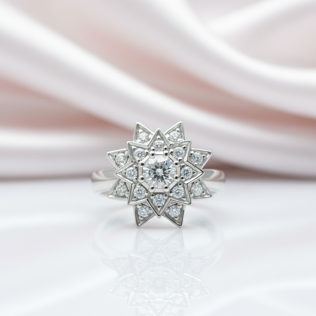 Round Diamond Option Vintage Sunflower Design Engagement Ring-Black Diamonds New York