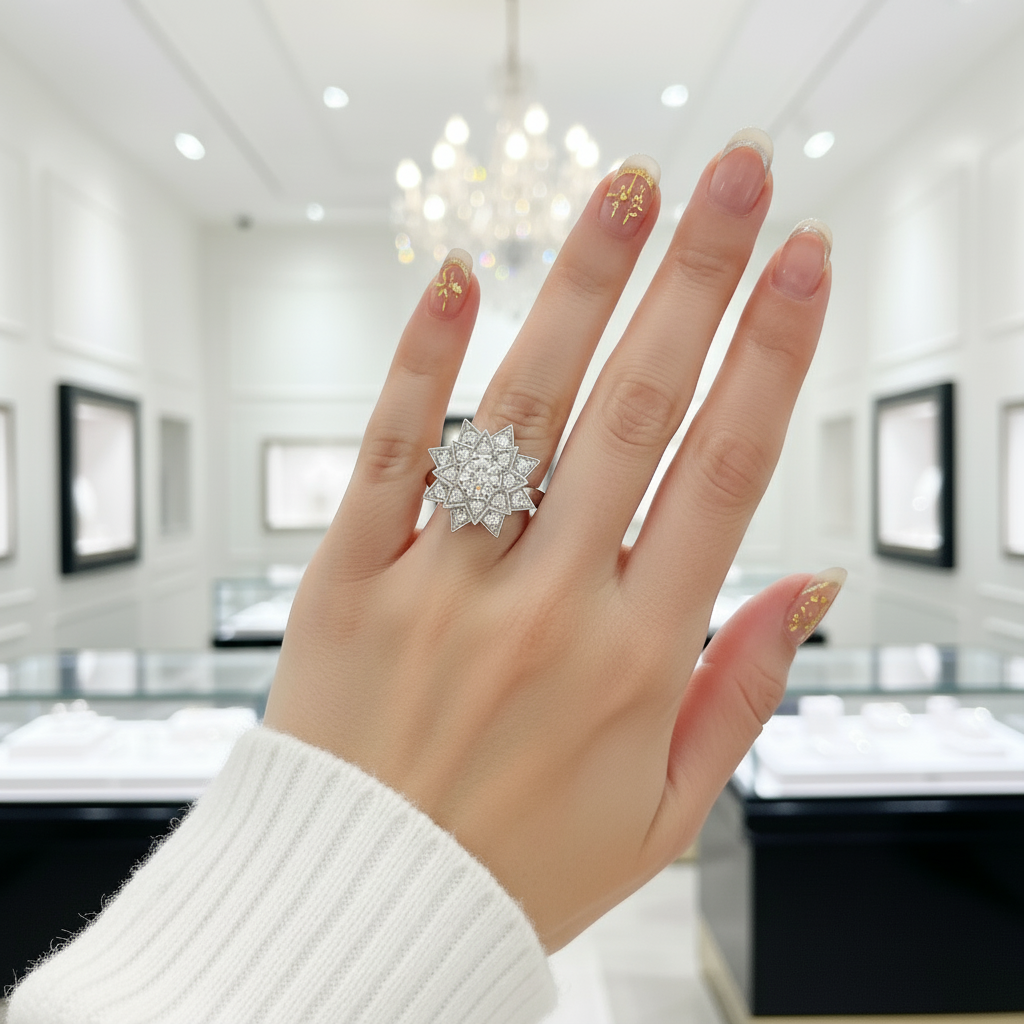 Round Diamond Vintage Sunflower Design Engagement Ring-Black Diamonds New York