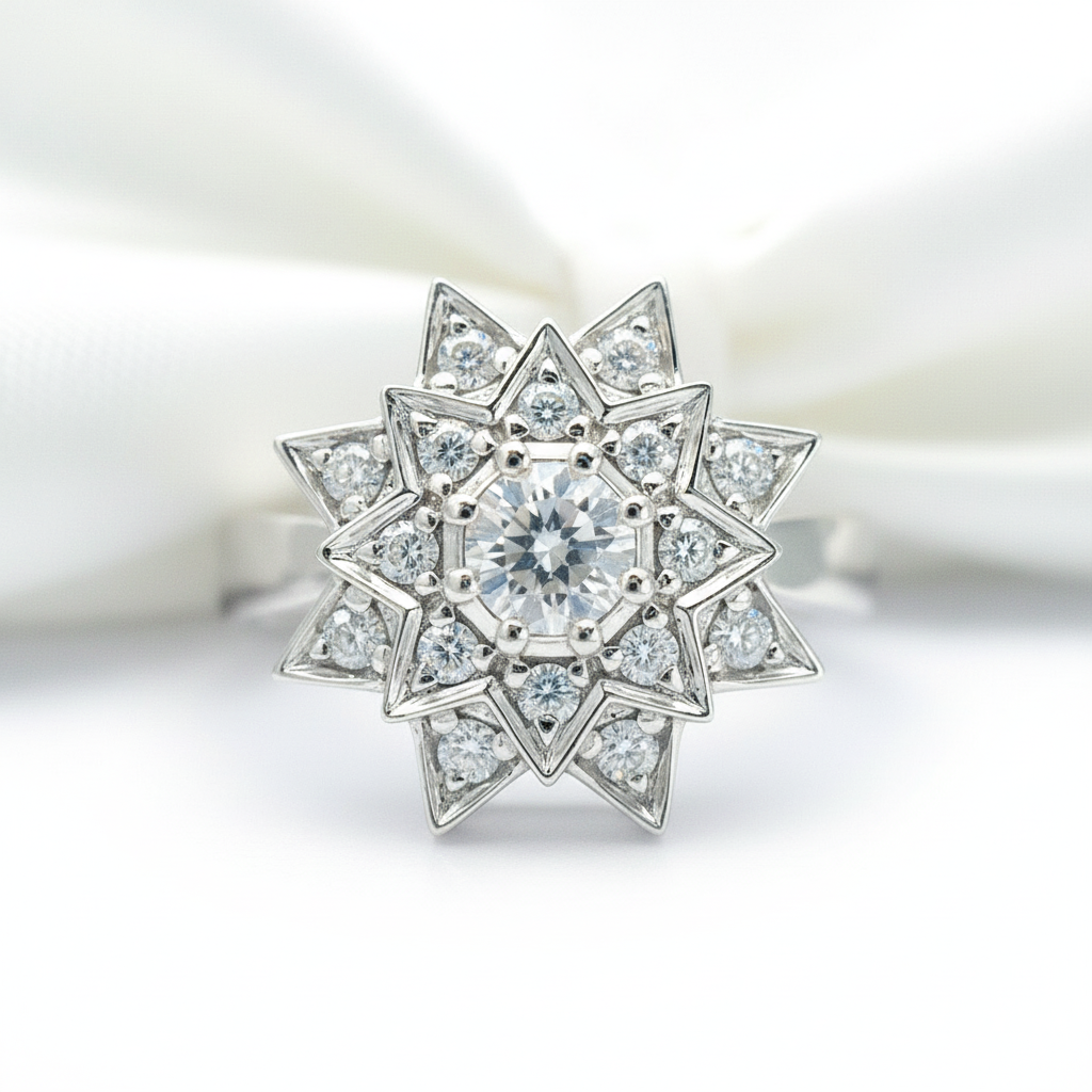 Round Diamond Vintage Sunflower Design Engagement Ring-Black Diamonds New York