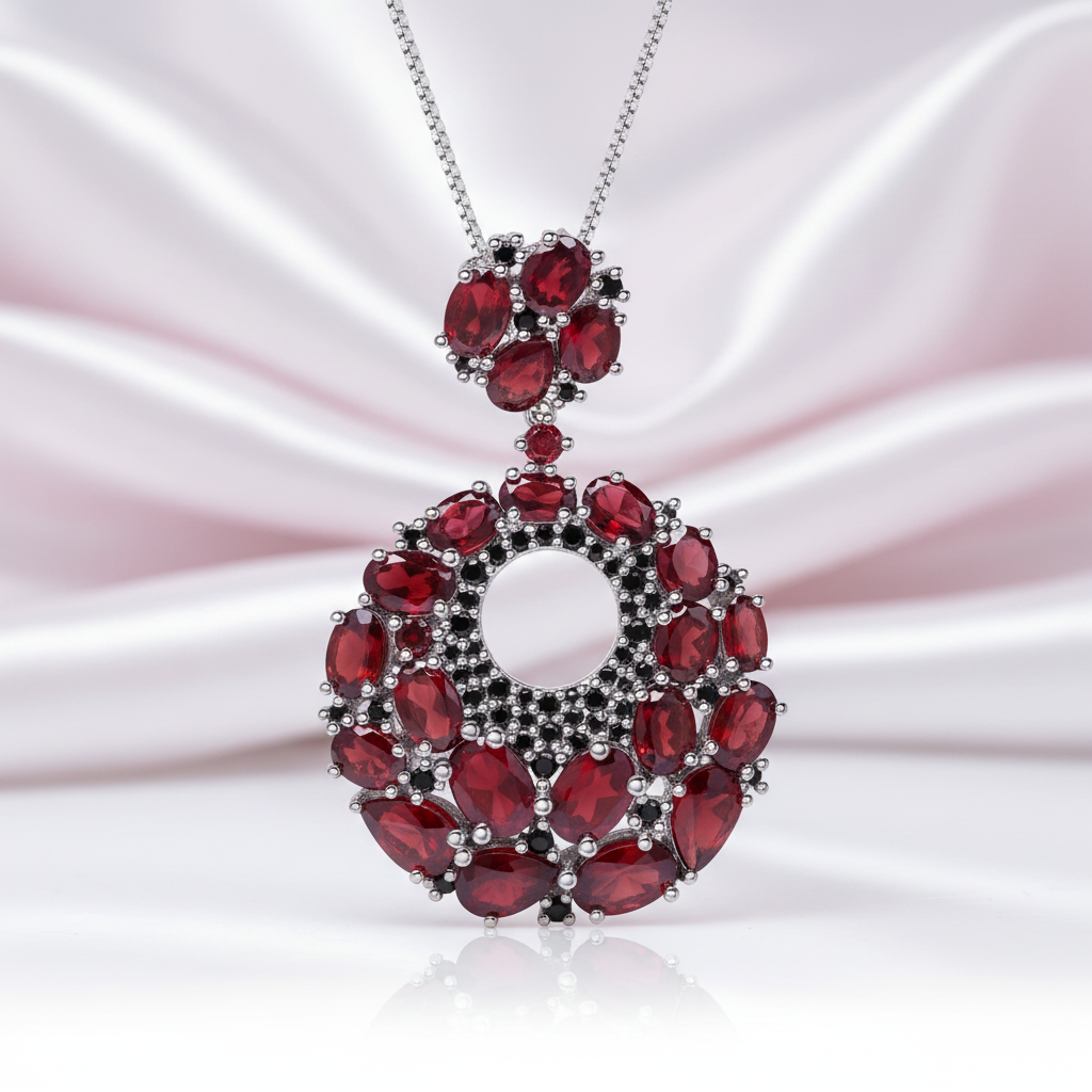 Red Garnet Gemstone Pendant Necklace-Black Diamonds New York