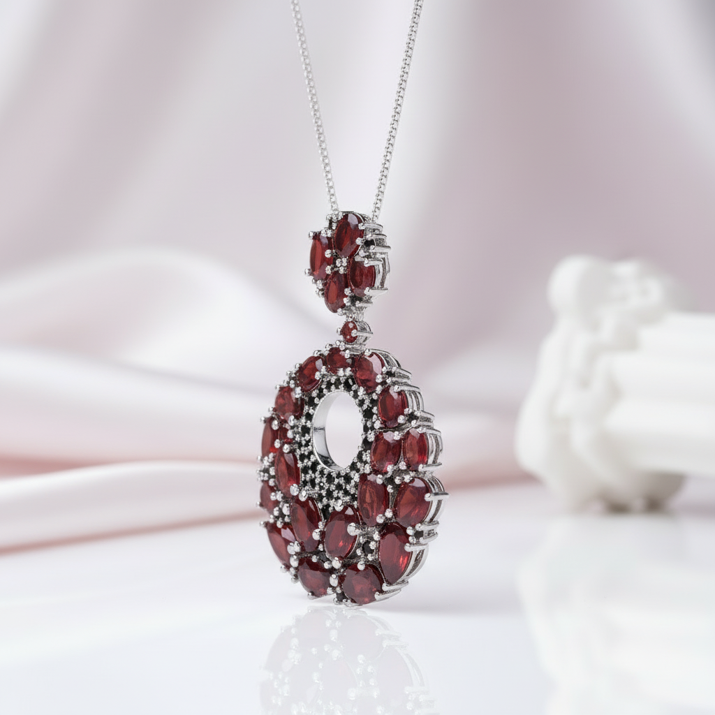 Round Natural Garnet Gemstone Pendant Necklace-Black Diamonds New York
