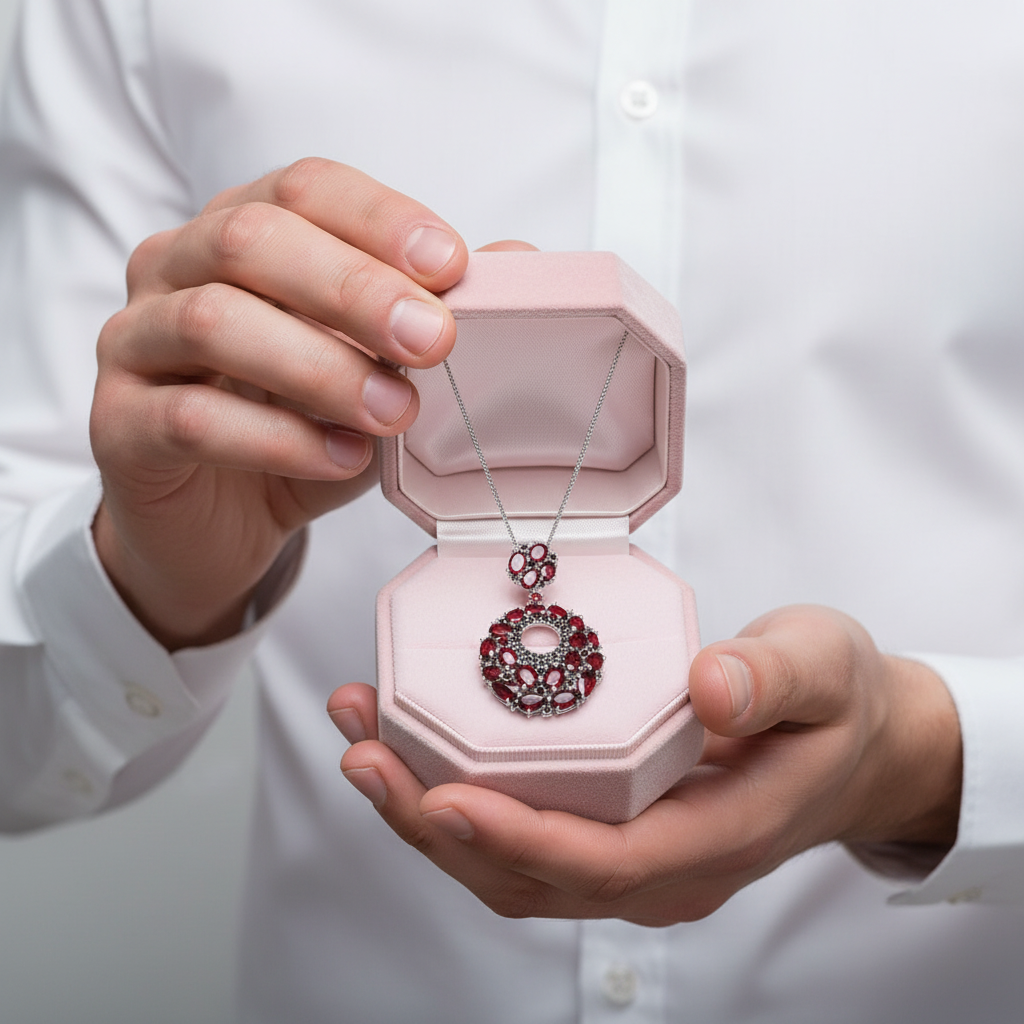 Round Natural Garnet Gemstone Pendant Necklace-Black Diamonds New York