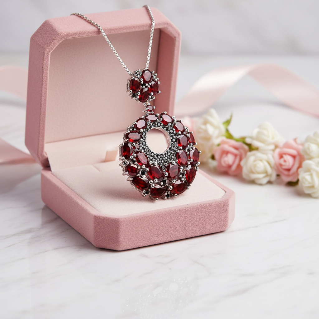 Round Natural Garnet Gemstone Pendant Necklace-Black Diamonds New York